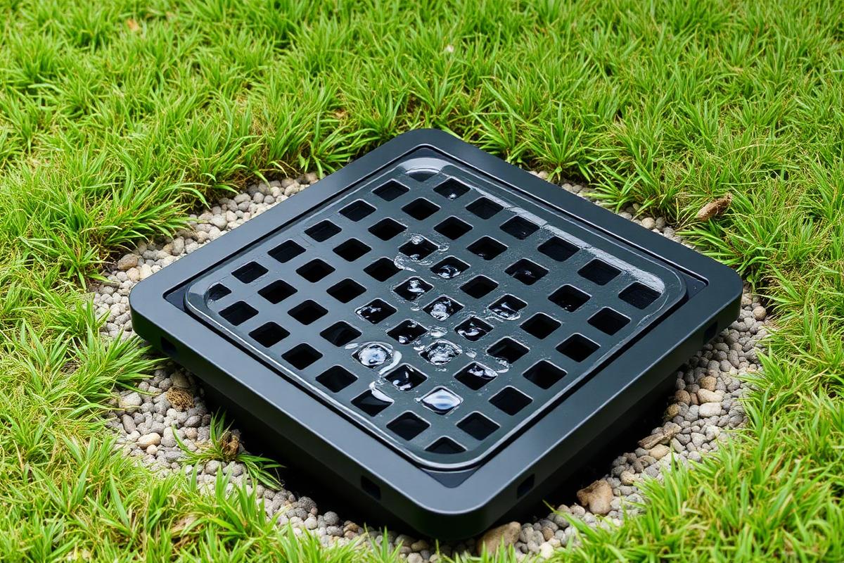 Catch basin grate set flush in a lawn collecting surface water
