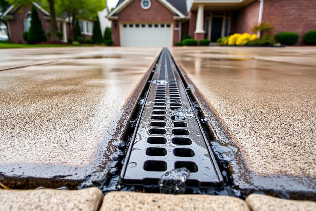 Channel drain grate crossing a wet residential concrete driveway