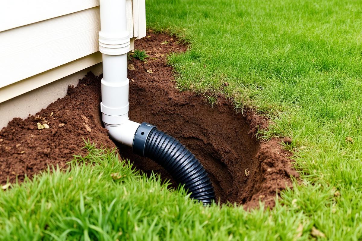 Downspout connected to underground drainage pipe in an open trench