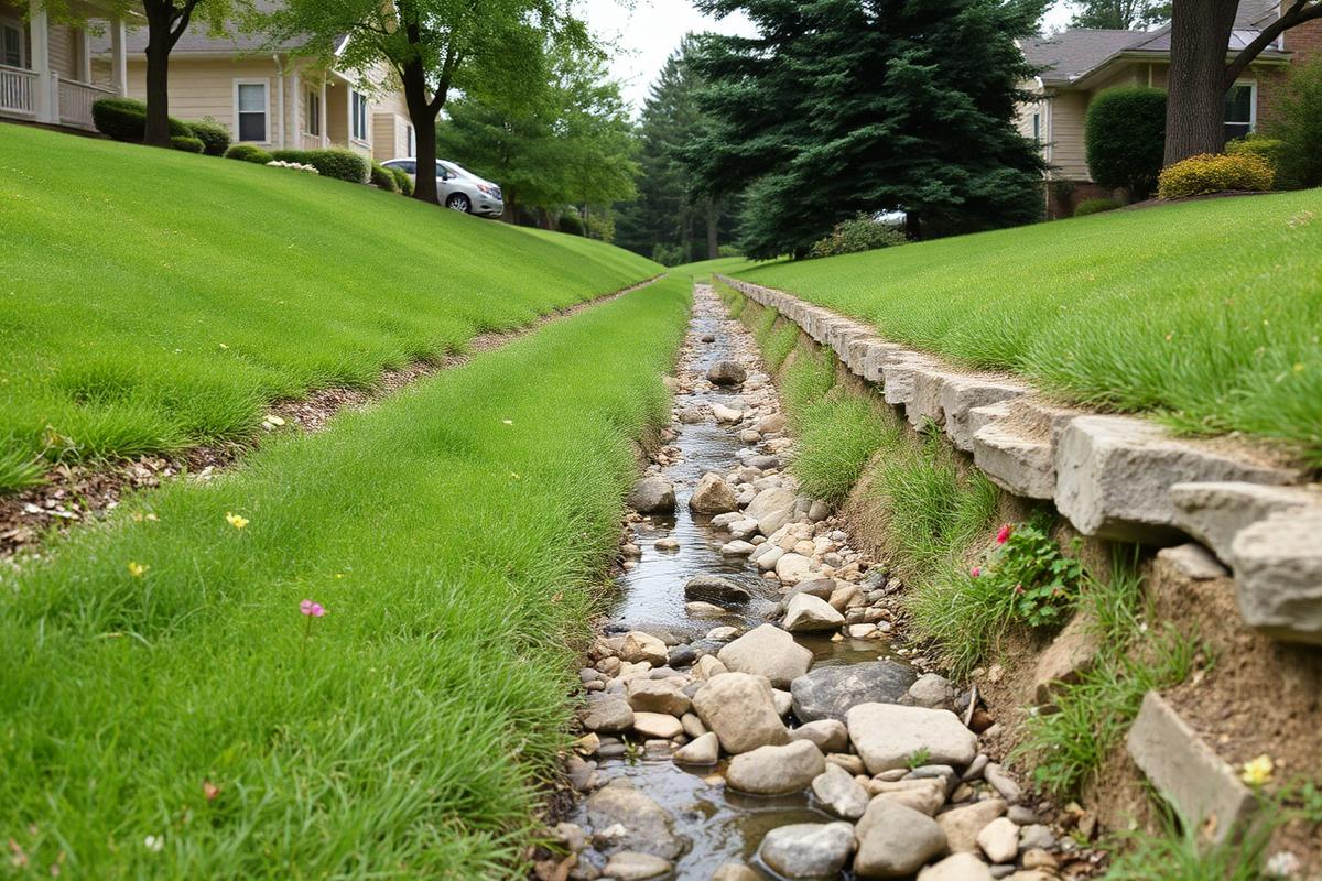 Shallow grassed drainage swale with a stone dry creek bottom running between two suburban lawns