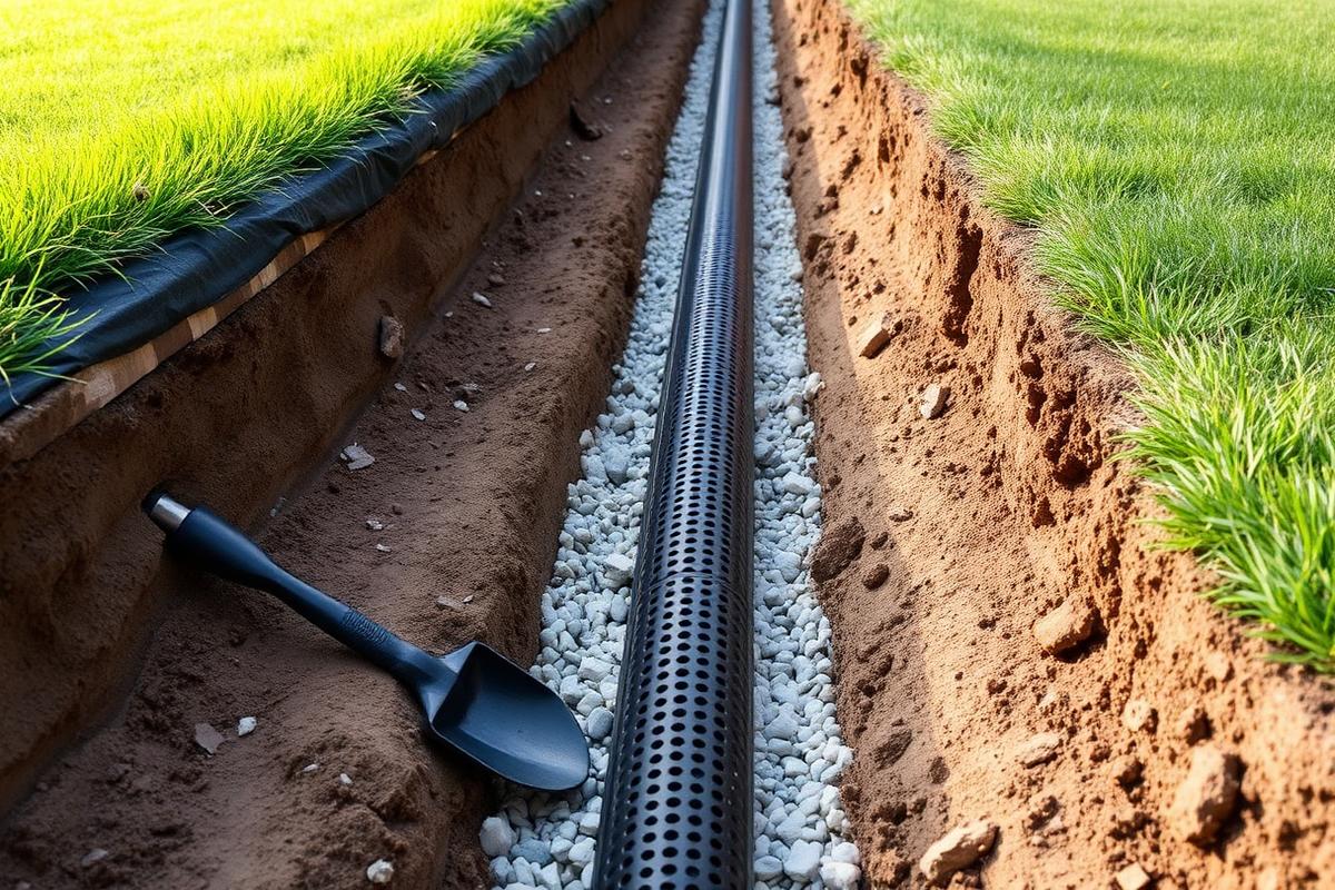French drain trench with washed gravel and perforated drainage pipe in a residential lawn