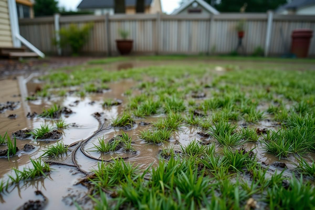 Waterlogged residential lawn with standing water indicating a failed yard drainage system