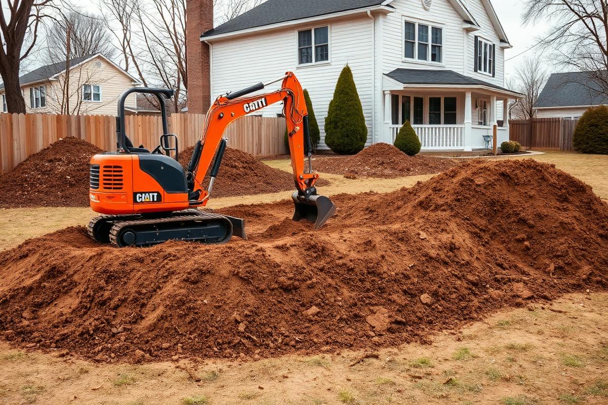 Compact excavator regrading soil in a residential backyard